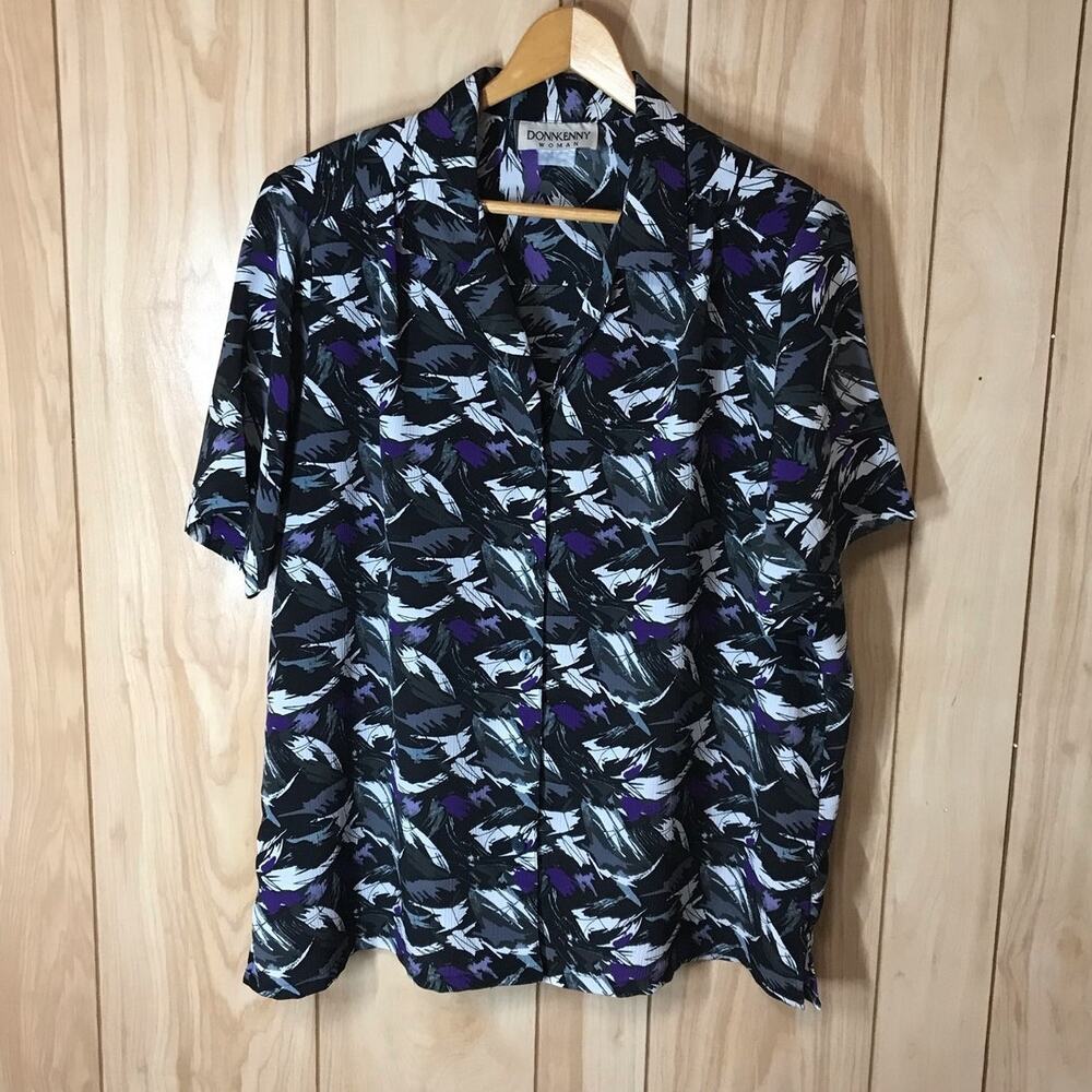 VTG 90s Donnkenny Woman Blouse 2X Purple Black Abstract Art Short Sleeve Shirt